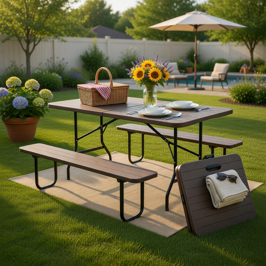 Hommoo 6 ft Folding Picnic Table with Weatherproof Wood-Grain HDPE Top, Heavy-Duty Metal Frame, Coffee