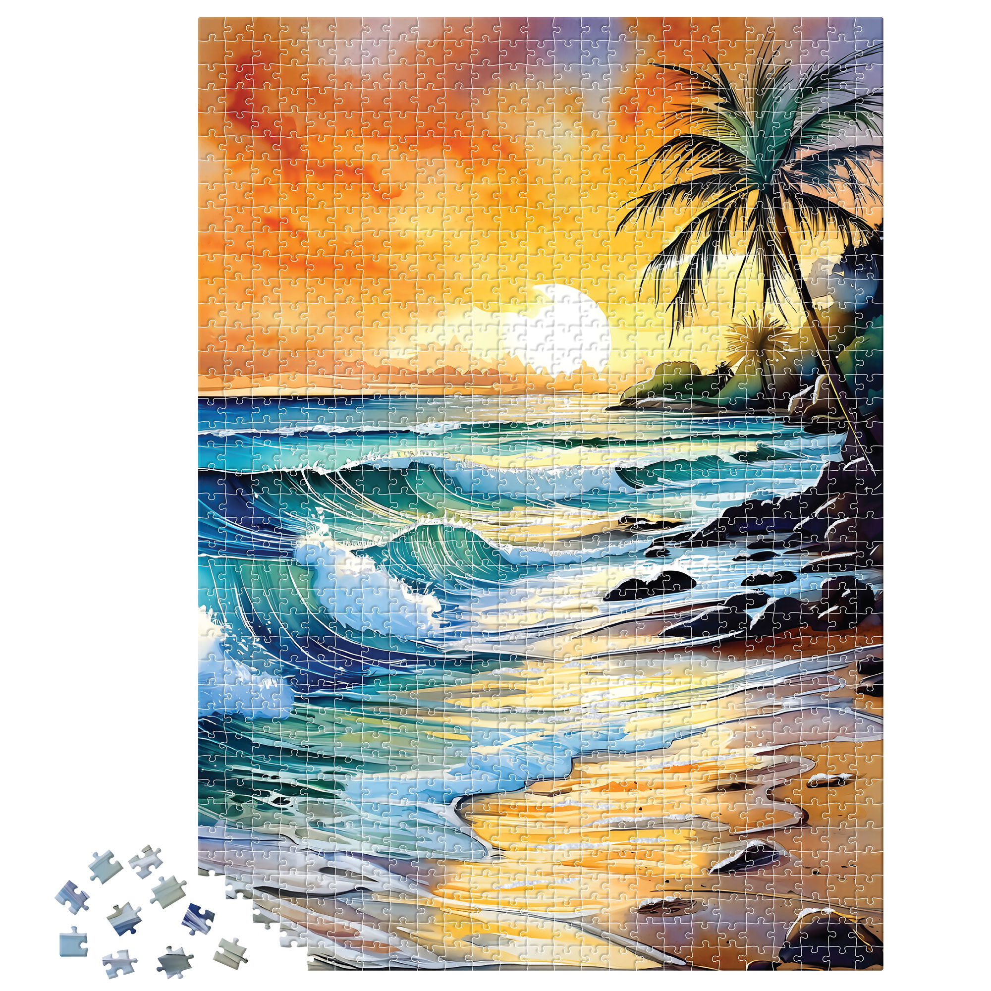 Brea Reese: 1000 Piece Puzzle - Beach - Waves & Palm Trees Sunset Scene, Adult Jigsaw, UV Varnish Accents, Image Reference Poster, 19.25 x 26.75"