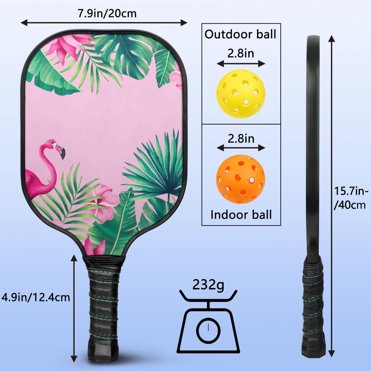 Pickleball Paddles Set Of 1, Fiberglass Surface, Tropical Leaf Print, 1 Paddle, 2 Balls & Bag