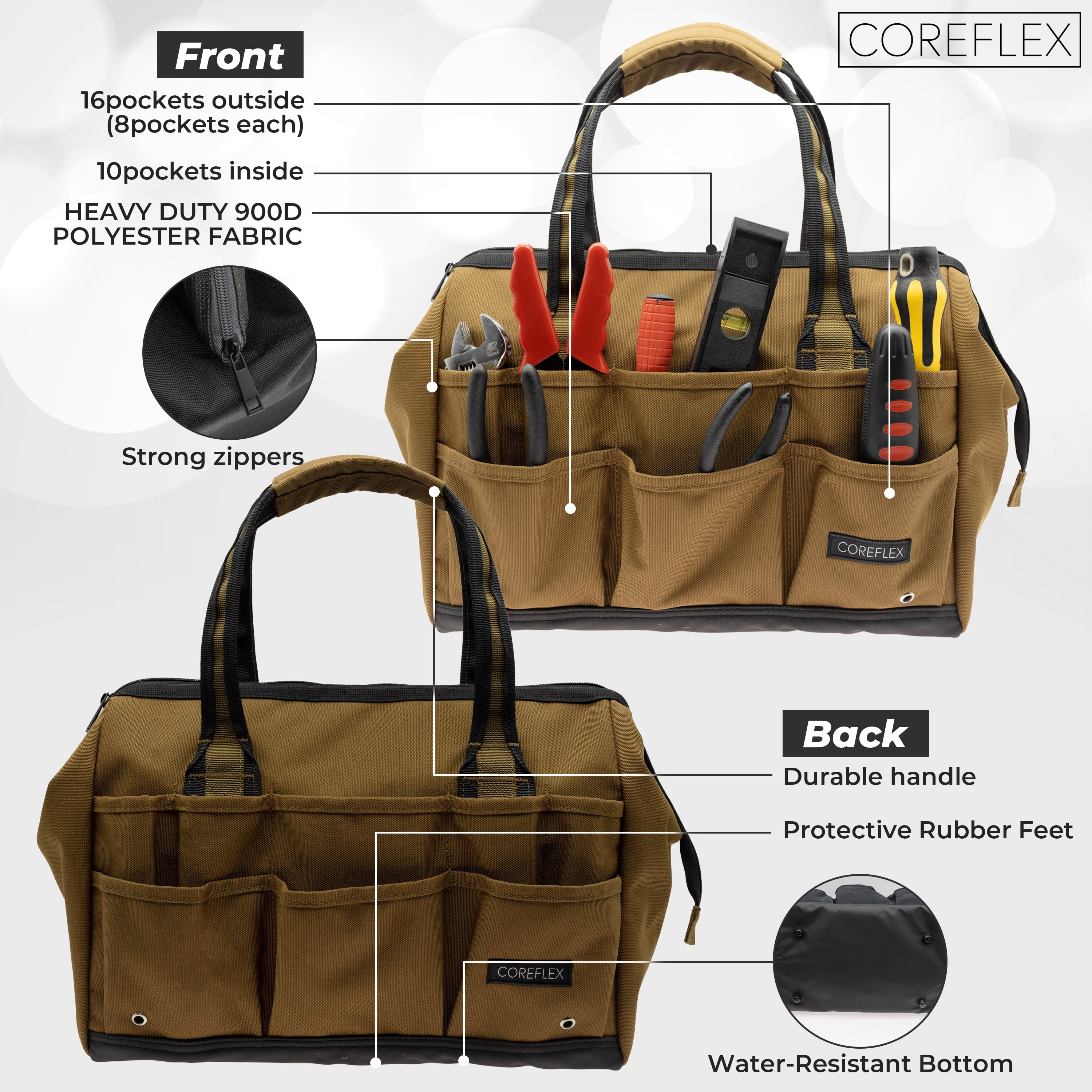 Coreflex Tool Bag, 14inch wide mouth multiple purpose bag for Plumbers, Electricians, Handymen