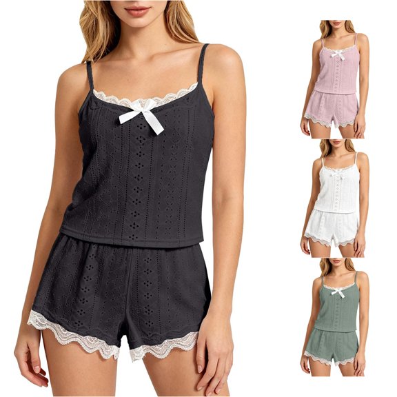 Wxolcjlv Eyelet Lace Pajama Set For Women Spaghetti Strap Bow Top Ruffle Trim Sleep Shorts