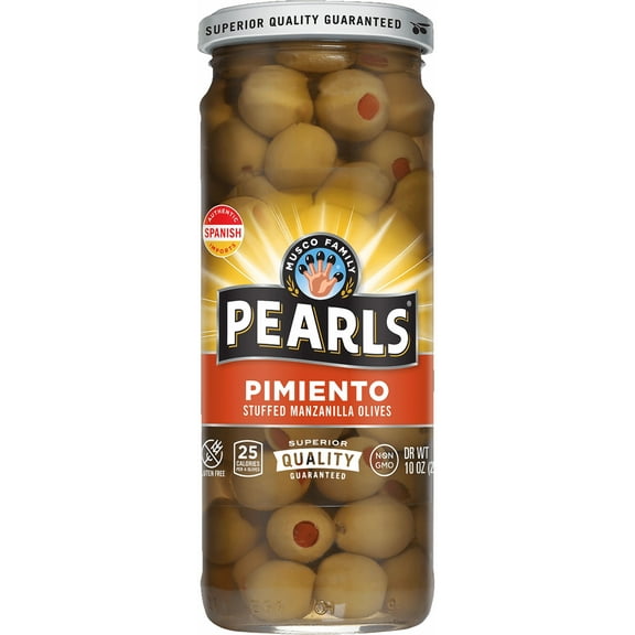 Pearls Pimiento Stuffed Manzanilla Olives, 10 oz. Jar. Major Allergens Not Contained.
