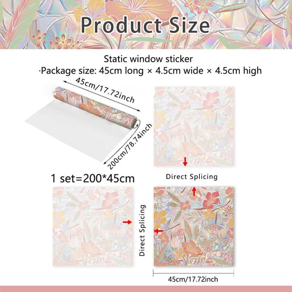 OADUKQ Colorful Floral Static Cling Window Film, Decorative PVC Window Decal, Home Office Privacy and Glass, 17.72 X 39.37 in