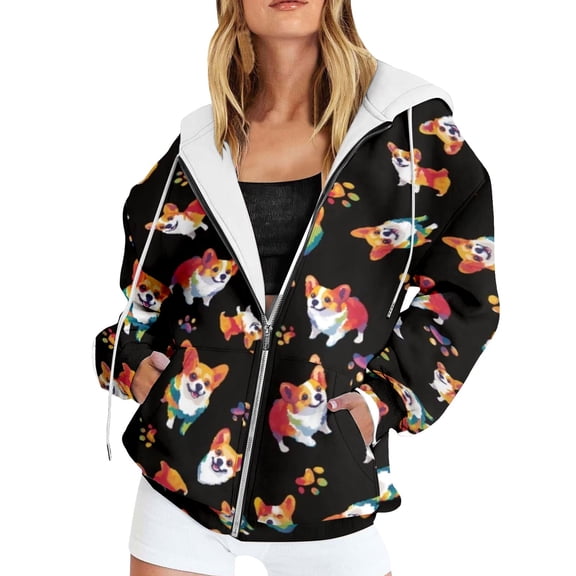 Womens Oversized Sweatshirts Long Sleeve Funny Dog Print Full Zip Up Hoodies Loose Fit Fashion Fall Winter Jackets