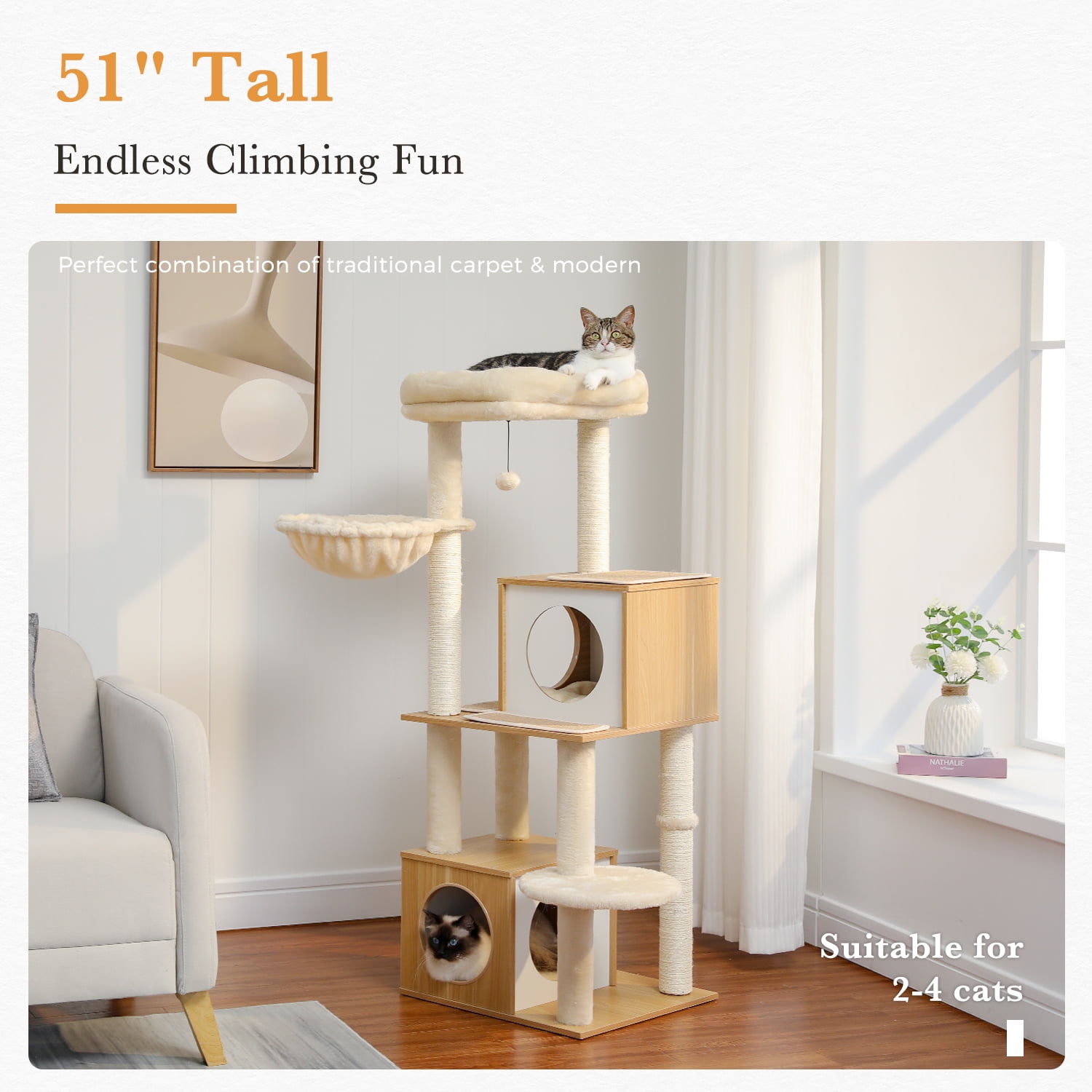Pefilos 51" Wooden Cat Trees Towers for Large Cats with Cat Scratching Post and Removable Soft Perches Modern Cat Condo for Indoor, Beige Pefilos 51" Wooden Cat Trees Towers for Large Cats with Cat Scratching Post and Removable Soft Perches Modern Cat Condo for Indoor, Beige
