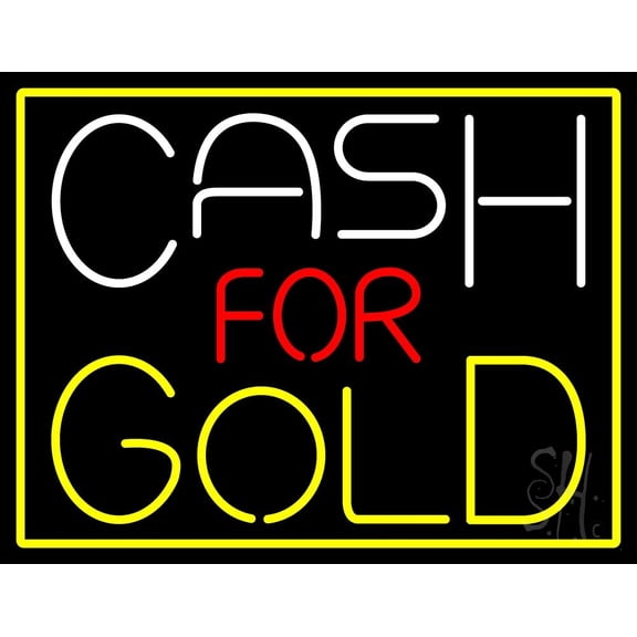 Cash For Gold Yellow Border LED Neon Sign 15 x 19 - inches, Black Square Cut Acrylic Backing, with Dimmer - Bright and Premium built indoor LED Neon Sign for Pawn store interior decor, and stroefront.