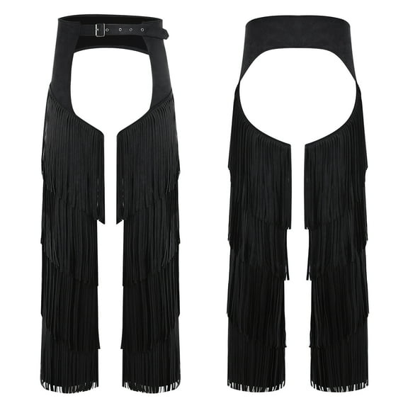 Aislor Mens Western Cowboy Chaps Pants Faux Suede Tiered Fringe Halloween Trousers Black XL