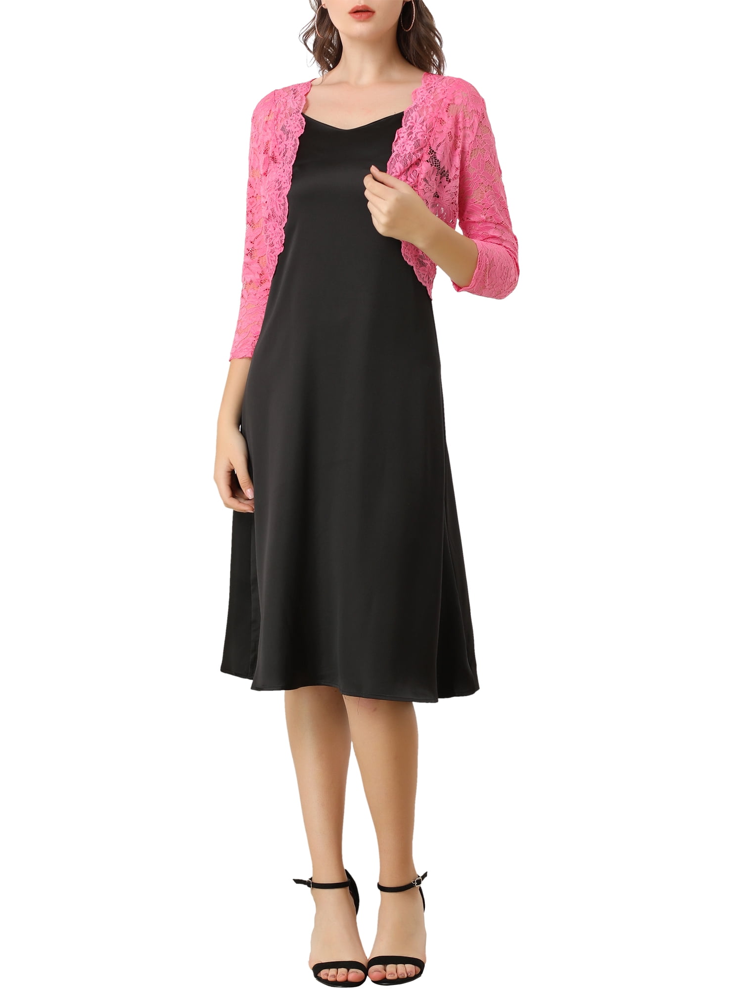 DARING DIVA 3/4 Sleeve Sheer Floral Lace Shrug Top L Pink