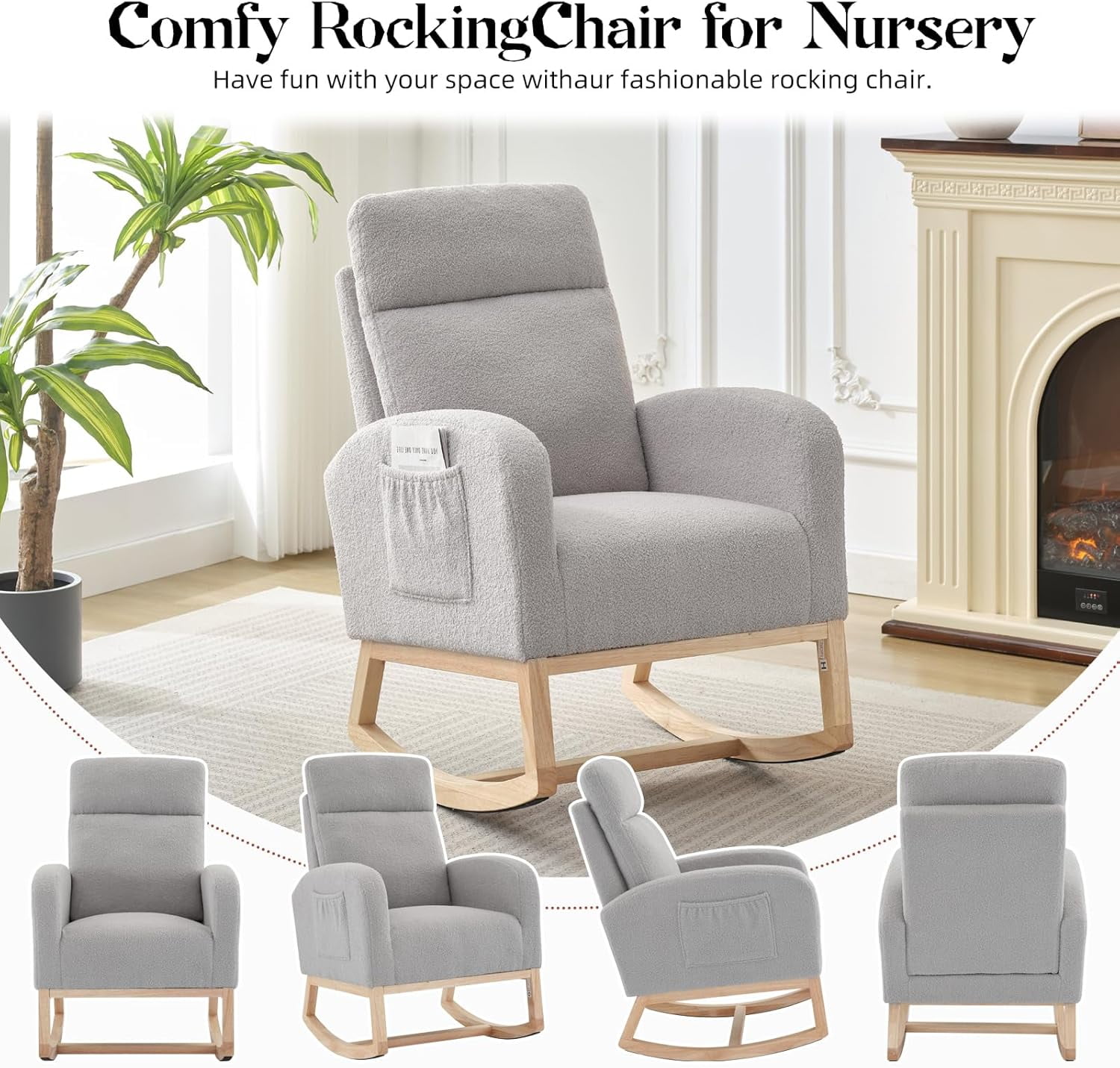 Rocking Glider Chair for Nursery, Wingback Accent Rocker Chair Upholstered Tall Back Arm Chair with Side Pockets, Ursing Rubber Wood Legs and Side Pocket for Living Room, Bedroom