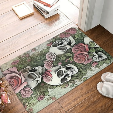 DouZhe Doormat Non-Slip Washable Floor Mat, Indoor Area Rug Vintage Grateful Roses Dead Skulls Pattern Carpet, 24x16 inches