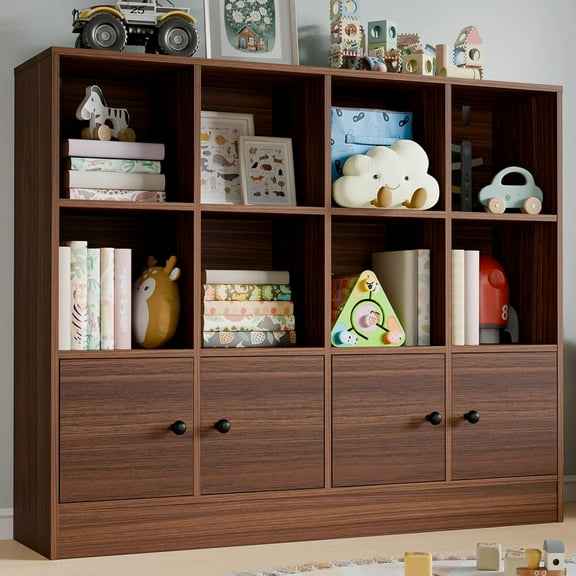 Brown Wood Bookcase,12 Cube Storage Organizer Bookshelf with 4 Doors,3 Tier Storage Cabinet with Adjustable Shelves for Bedroom, Living Room, Office$$Home Decor, Kitchen, & Other