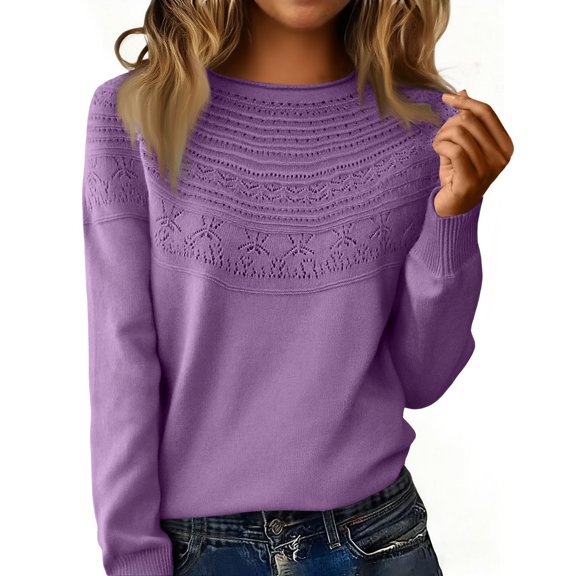 Knit Sweater for Women Long Sleeve Crew Neck Cute Sweaters Dressy Causal Loose Hollow Warm Soft Cozy Tunic Pullover,M