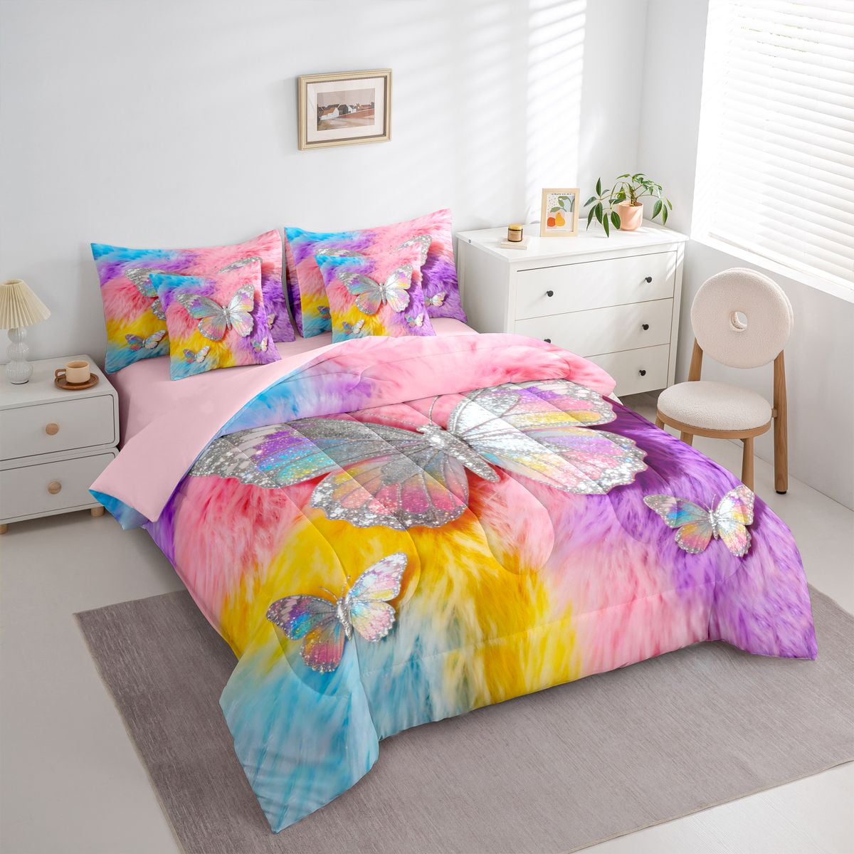 Homewish Colorful Butterfly 7pcs Bedding Comforter Set,Multicolor Glitter Print Queen Bedding Sets,Pink Purple Blue Queen Sheet Sets For Girls,Microfiber Bedroom Decor Reversible