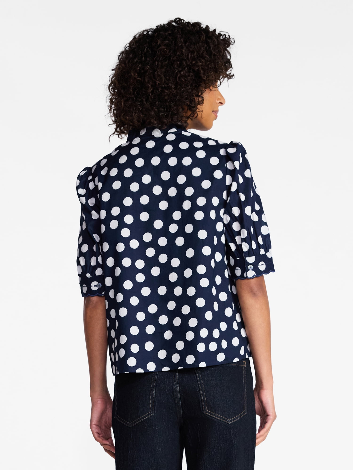 Time and Tru Women's Scallop Trim Cotton Button Down Shirt with Short Sleeves, Sizes XS – XXXL