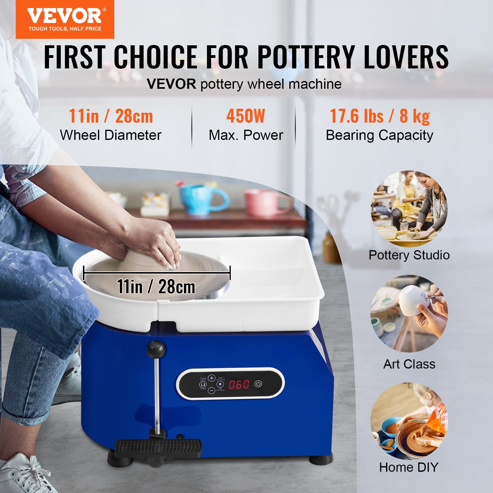 VEVOR Pottery Wheel, 450W, For Adults and Beginners, 11in Clay Wheel Machine,&nbsp; Adjustable 60-300RPM Speed Handle and Pedal, ABS Detachable Basin, Accessory Kit for Craft DIY, LCD Touch Screen