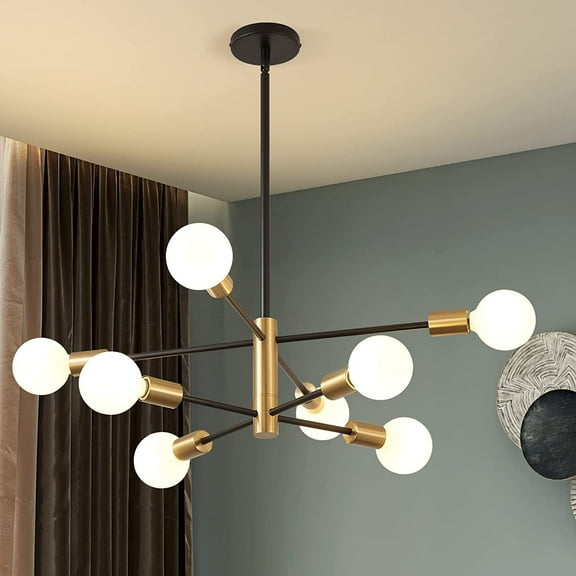 Kaisite 8-Light Sputnik Chandelier, Adjustable Black & Gold, Modern Dining Room Bedroom Light