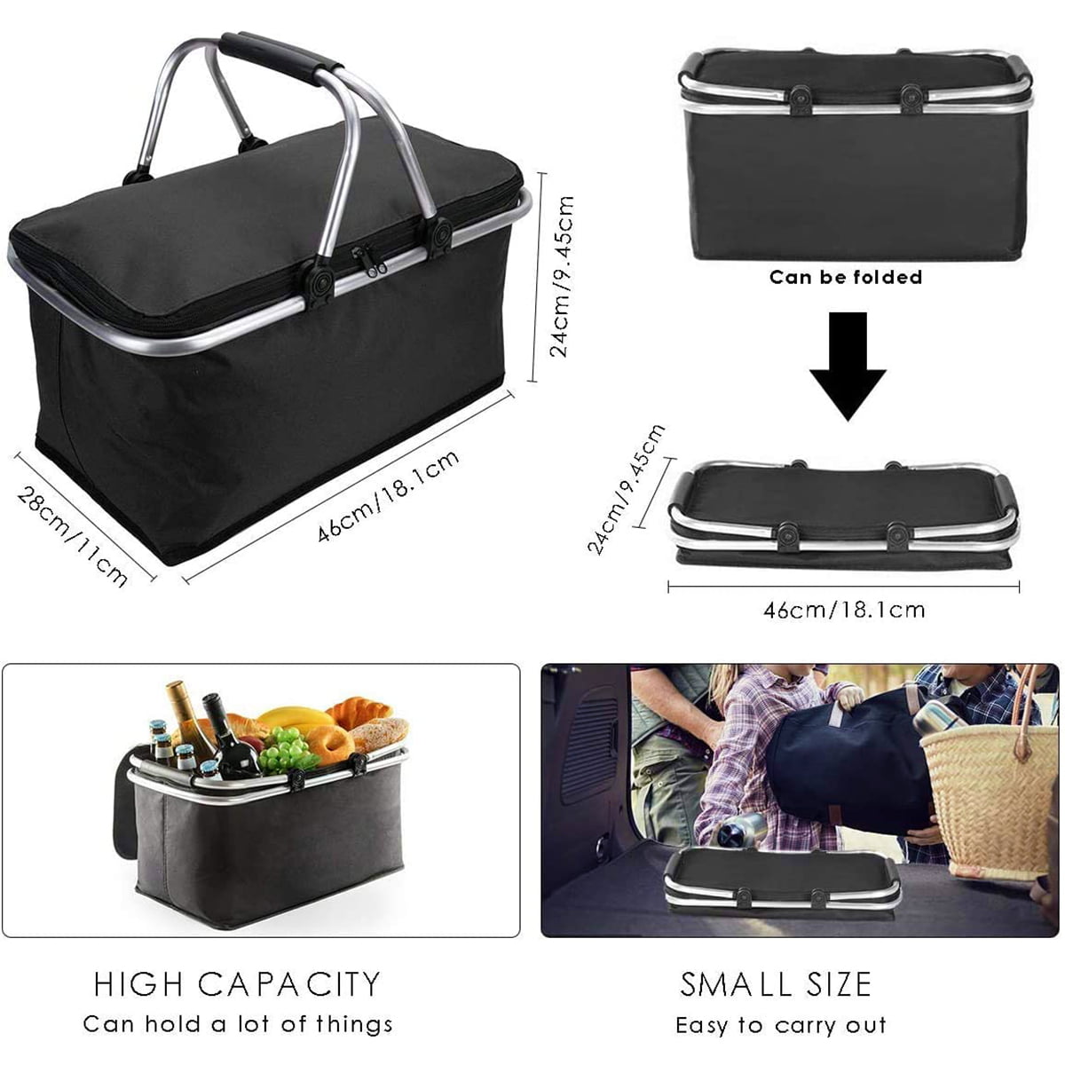 DKISEE Large Size Insulated Picnic Basket 30L Folding Cooler Bag Zip Closure Basket with Carrying Handles Black 