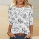 thumbnail image 4 of Tops de Manga Larga de Mujer 3/4 Manga Flores Impresas Cuello Redondo Blusa Casual Estiramiento Suave, 4 of 5
