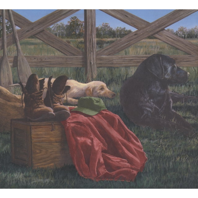 Ferme Chiens Bottes Paddle Canards en Bois Papier Peint Frontière Retro Design, Rouleau 15' x 10,5''