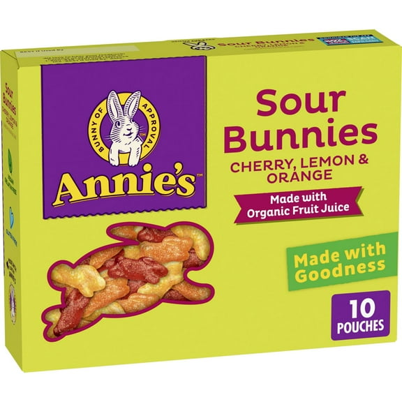 Annie's Sour Bunnies Fruit HHA1 Flavored Kids Snacks, Cherry, Lemon and Orange Flavors, School Lunch Snacks, Made with Organic Fruit Juice, 10 Ct, 7 oz
