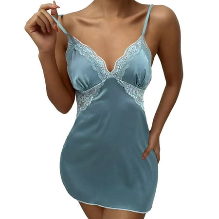 

Fusipu Women Nightdress Solid Colors See-through Lace Deep V Neck Summer Nightgown for Bedroom