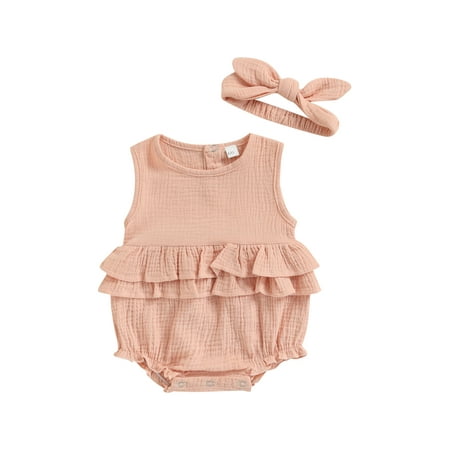 

Calsunbaby Infants Baby Girl Boy Summer 2PCS Romper Sleeveless Plain Pleated Crew Neck Ruffle Snap Bottom Jumpsuit Stretchy Bow Headband