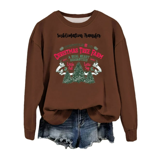 Chandail en Molleton pour Femmes Mode Chandail en Molleton de Noël Imprimé Col Rond Manches Longues Ample Sans Capuche