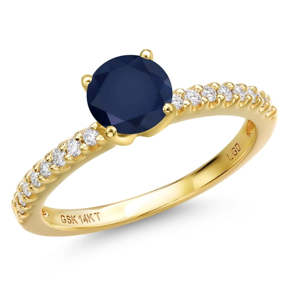 Gem Stone King 14K Yellow Gold Blue Sapphire and Lab Grown Diamond Engagement Ring for Women | 1.26 Cttw | Round 6MM | Gemstone September Birthstone | Size 5
