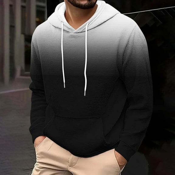 Xuniizn Flannel Mens Hoodies Pullover, Gradient Plus Size Drawstring Kangaroo Pocket Crewneck Long Sleeve Running Athletic Hoodie, Soft Comfortable Thick Thermal Holiday Casual Sweatshirts, S-4XL