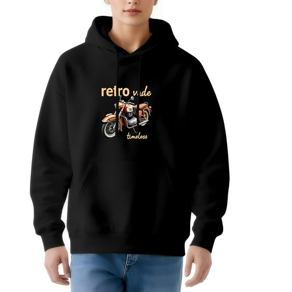 Women's Long Sleeve Hooded Pullover Sweatshirt - Vintage Motorcycle Graphic ' Retro Vade ' & ' Timeless ' Text Relaxed Fit with Pockets