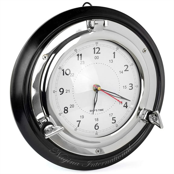 Nickle Porthole Clock On Black Wooden Base | Pirate's Age Nautical Room Wall Hanging Decoration Ideas | Beautiful Kid's Nursery Wall Clock (16 Inches)
