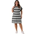 thumbnail image 3 of DARING DIVA Plus Size Tunic Short Sleeve Striped Casual t Shirt Dress 1X Black, 3 of 6