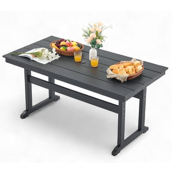 HDPE Outdoor Dining Table,62.5" All-Weather Rectangular Table with 2" Umbrella Hole for Patio Lawn Garden Backyard,Black