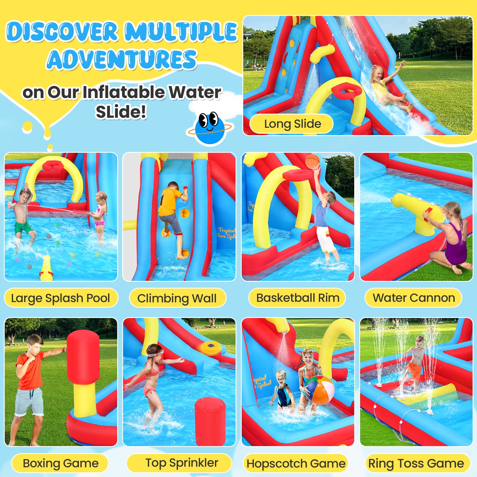 Inflatable Water Slide with 480W Blower, Bounce House for Big Kids, 15-in-1 Blow up Jumping Castle with Dual Pools, Obstacle Course, Water Cannon, Indoor & Outdoor