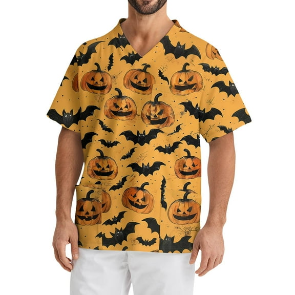 Domuza Scrub Tops Men Oversized V-Neck Short Sleeve Spooky Novelty Print Nursing Top Comfort Soft Elastic Working Blouse with Chest Pockets Ginger L