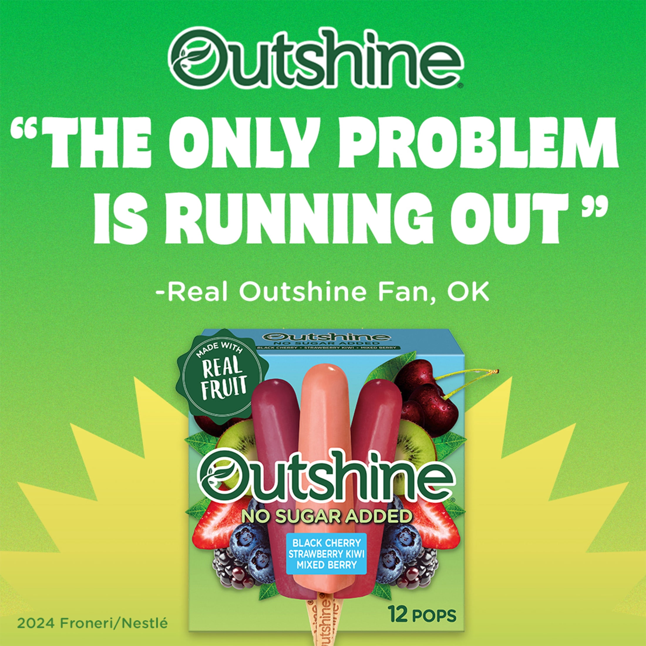 Outshine No Sugar Added Black Cherry, Strawberry Kiwi, and Mixed Berry Frozen Mini Fruit Pops, Variety Pack, 12 Count