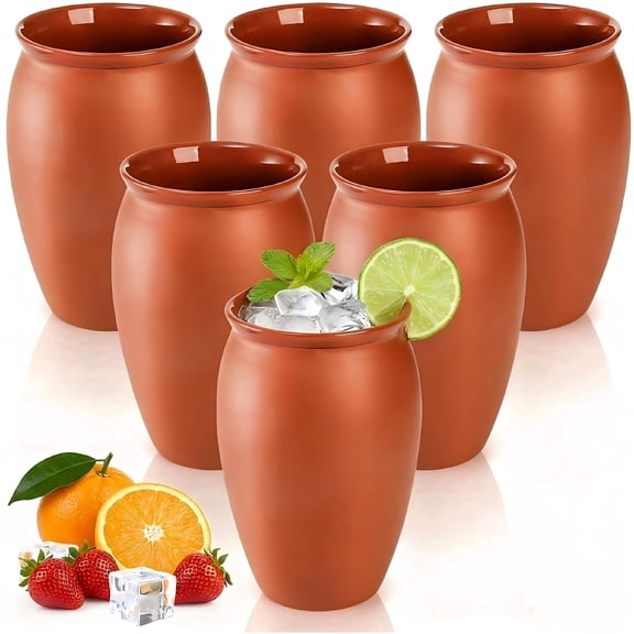 6 Pack Cantaritos De Barro 12oz, Handmade Mexican Clay Cups for Margaritas Tequila Mojitos, Pottery Cocktail Glasses for Taco Tuesday Party (Brown)