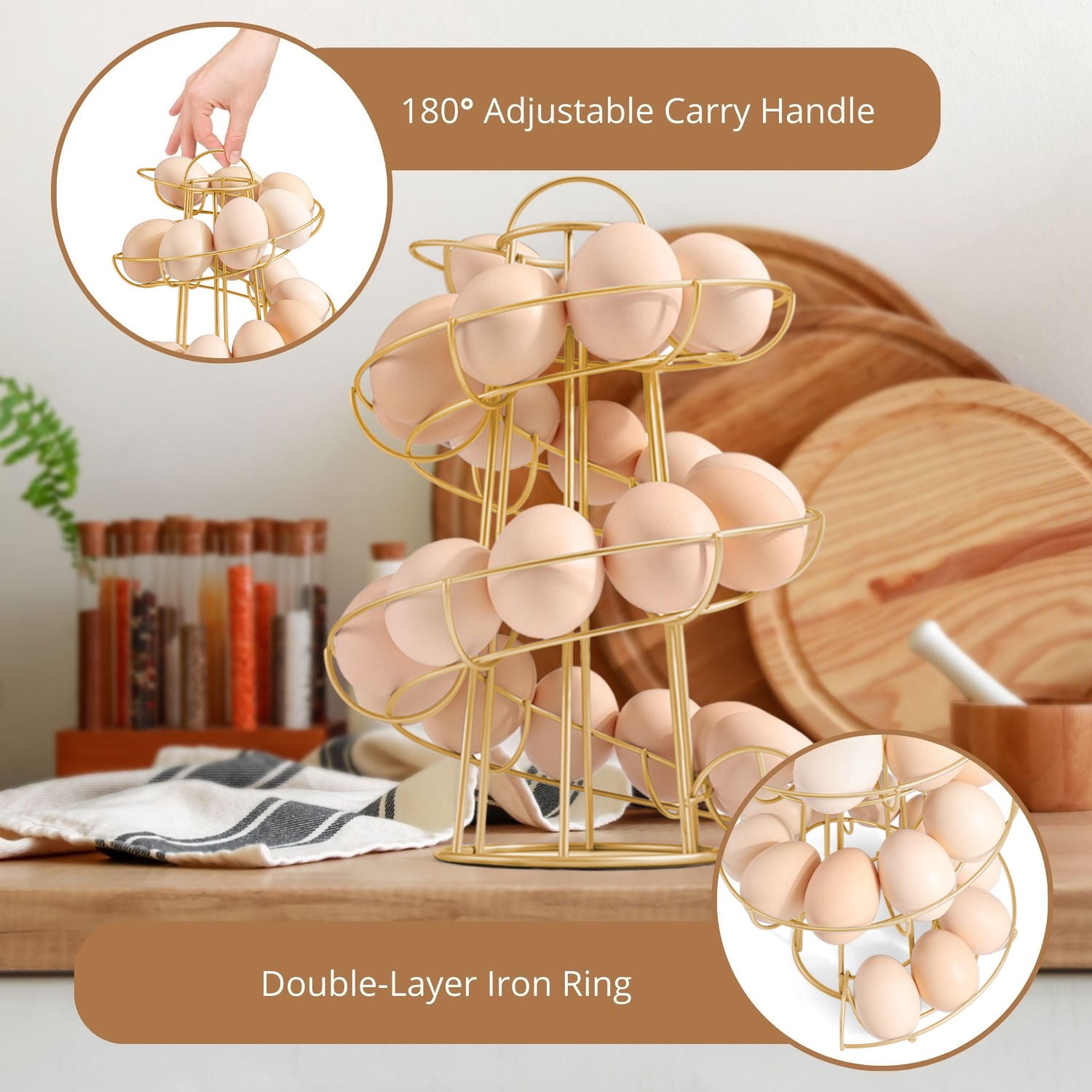 Egg Skelter Deluxe Modern Spiraling Dispenser Rack (Medium) - Chrome Plated Freestanding Wire Chicken Egg Storage Organizer Display Holder Basket for Countertop Kitchen, Gold