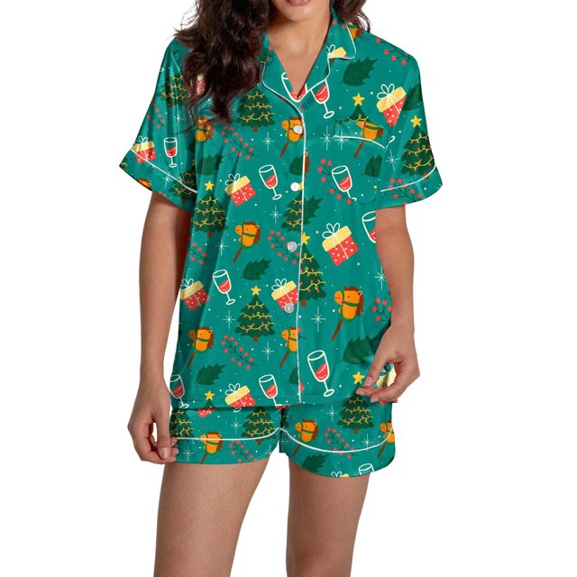 Pyjama pour Femmes en Satin Imprimé Graphique, Mignon, Tenue de Nuit, Boutons, Hauts à Manches Courtes, Ensembles de Shorts