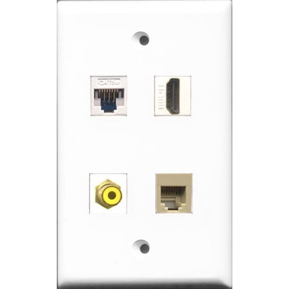 RiteAV - 1 Port HDMI and 1 Port RCA Yellow and 1 Port Phone RJ11 RJ12 Beige and 1 Port Cat5e Ethernet White Wall Plate