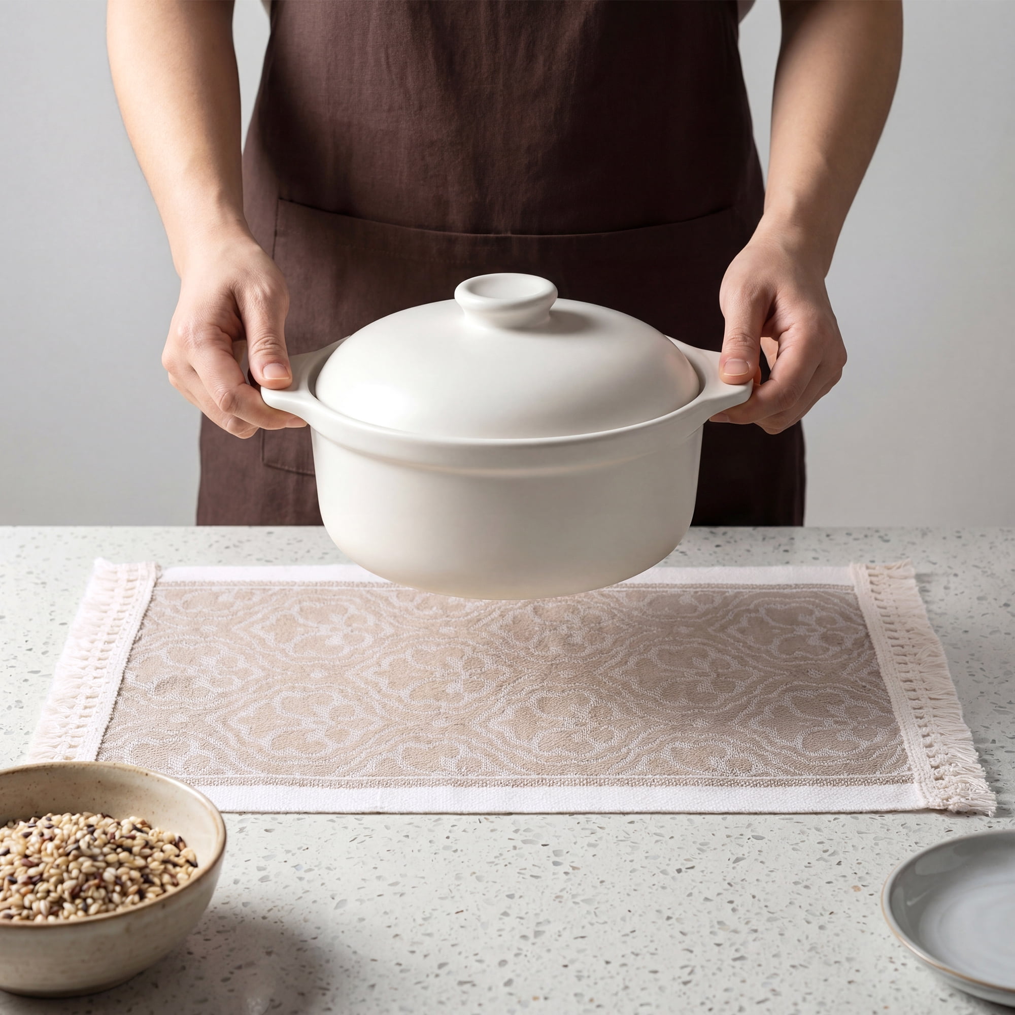 Unique Bargains Set of 4 Linen Farmhouse Placemats Khaki/White 17.7x13.8inch