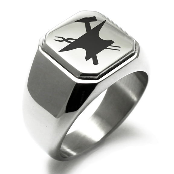 Stainless Steel Hephaestus Greek God of Blacksmith & Fire Engraved Square Flat Top Biker Style Polished Signet Ring
