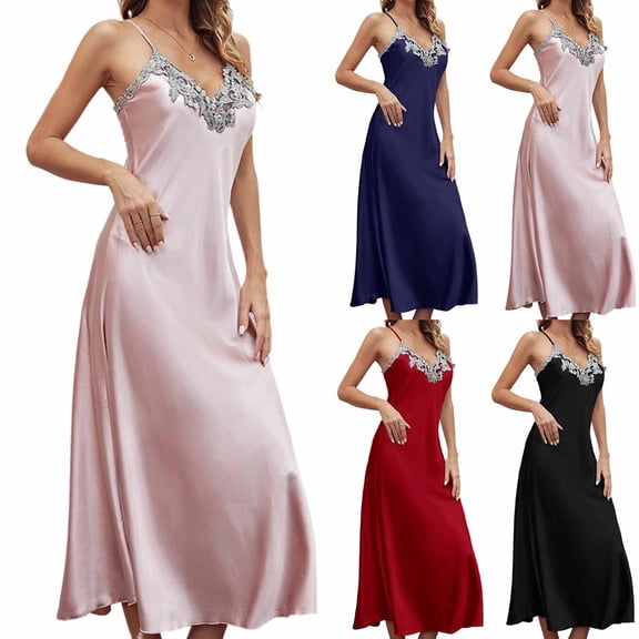 Bovxnpu Womens Nightgown Sleepshirt Pajama Dress Satin Spaghetti Strap Backless Knee Length Nightgown Sleepwear
