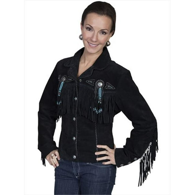 Scully L152-19-S Ladies Fringe & Beaded Leather Jacket - Black Boar Suede, Small