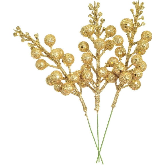 ZOELNIC 16pcs Christmas Glitter Berries Stems, 9" Artificial Christmas Picks for Christmas Tree Ornaments, DIY Xmas Wreath, Crafts, Holiday and Home Decor (Gold)