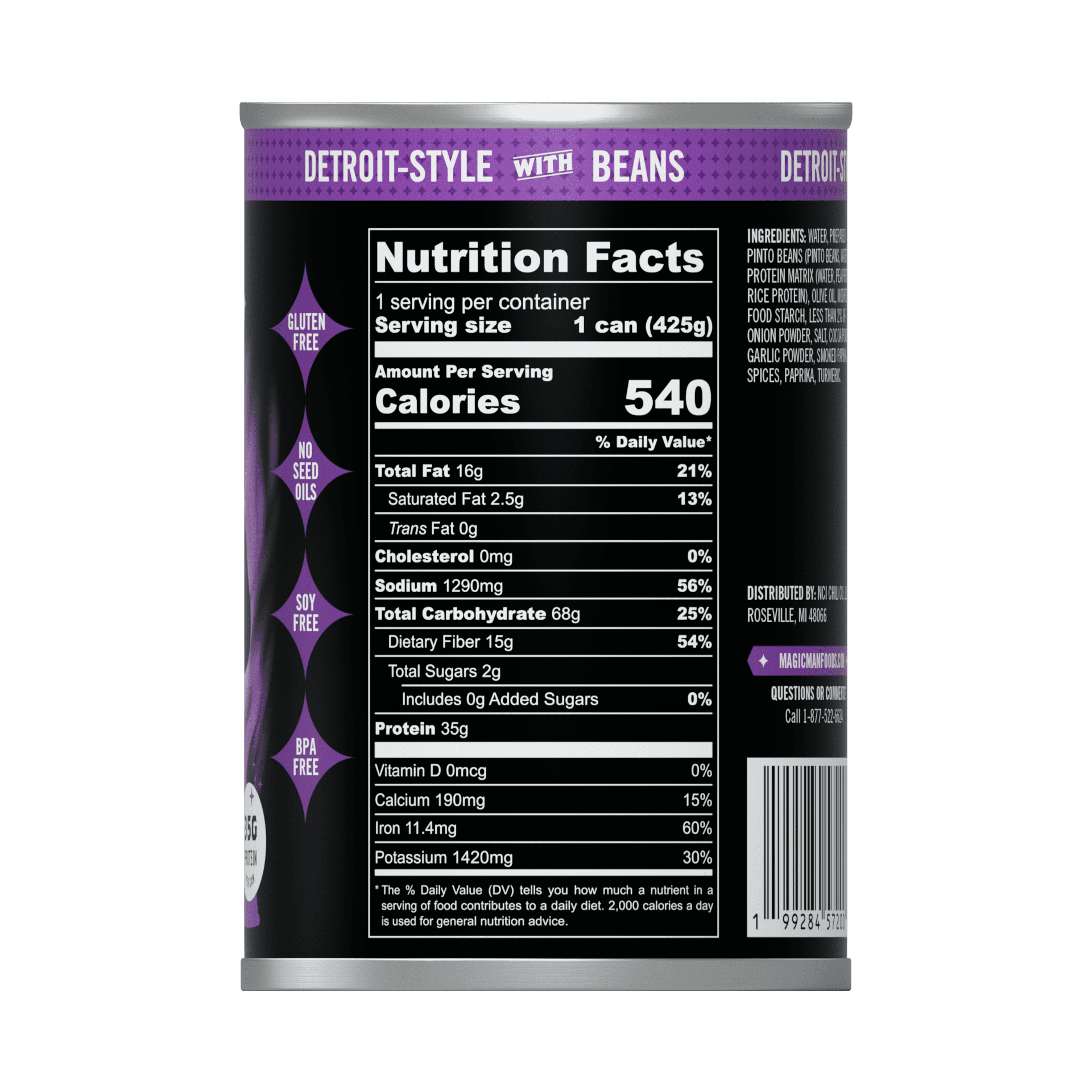 Magic Man Chili – Plant‑Based Detroit Style with Beans Chili, 15 oz Can , Vegan, Gluten free, Soy free, Seed Oil free