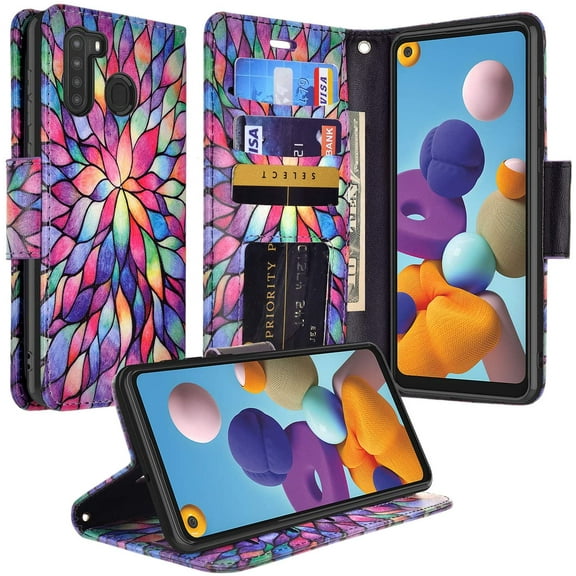 Galaxy A21 Case Leather Flip Pouch Holster Wallet Case Cover Folio [Kickstand] Cute Girls Women Phone Case For Galaxy A21 - Rainbow