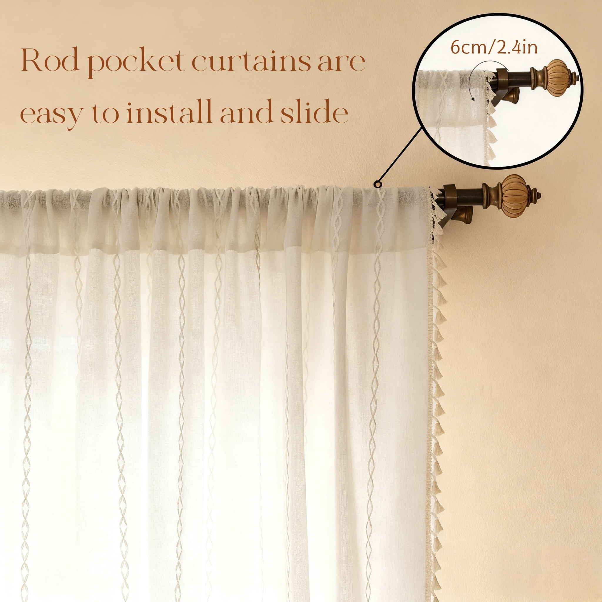 NIUBIER Boho Blackout Curtains,Linen Cotton Embroidered Semi Blackout Curtins for Bedroom Living Room,1 Panel W52 x L84