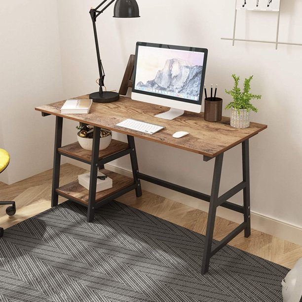 SOGES 55 inches Computer Desk Home Office Desk with Shelf Storage Desk Rustic Brown