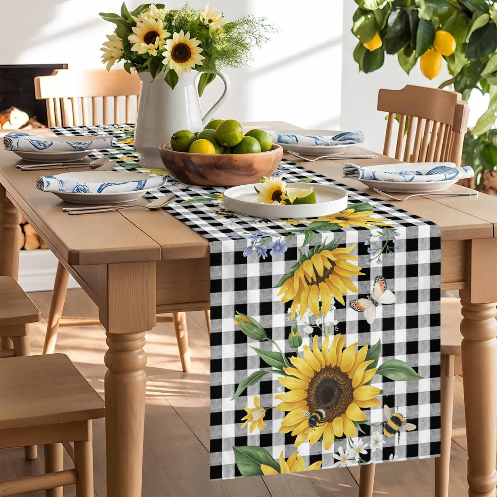 Yellow Sunflower Green Leaf Black Buffalo Plaid Table Runner 90 Inches Long, Farm Watercolor Plant Table Runners Tabletop Scarf Kitchen Dining Tables Decoration for Home Party Indoor Outdoor